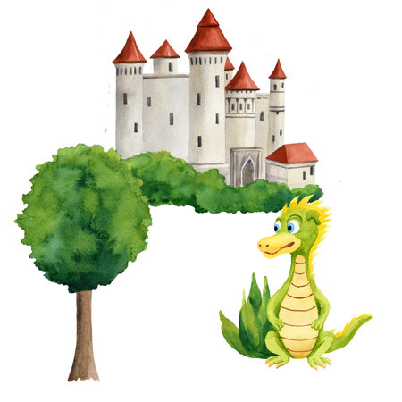 Fairy tale castle, tree, bush and green dragon illustration isolated on white background. Watercolor magic castle. For baby shower design, for birthday greeting cards, postcard, invitations, postersの写真素材