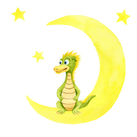 Green dragon on crescent and stars. Watercolor illustration on white background. For baby shower design, decor, for birthday greeting cards, kid posters, postcards, wrapping, invitations, stickersの写真素材