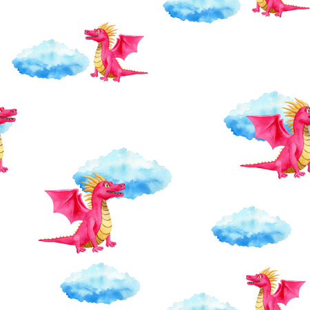 Seamless pattern with pink dragon with yellow horns and clouds. Hand drawn watercolor illustration on white background. For wrapping paper, textile, wallpaper, packaging, printing, fabric, clothesの写真素材