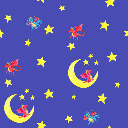 Seamless pattern with yellow moon, stars, blue and red dragon. Handmade watercolor illustration on blue background. For wrapping paper, baby textile, wallpaper, backgrounds, print, fabric, designの写真素材