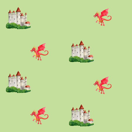Seamless pattern with stone castle and red flying dragon. Handmade watercolor illustration on green background. For wrapping paper, baby textile, wallpaper, backgrounds, print, fabric, designの写真素材