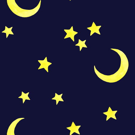 Seamless pattern with yellow moon and stars for children. Handmade watercolor illustration on dark blue background. For wrapping paper, baby textile, wallpaper, backgrounds, print, fabricの写真素材