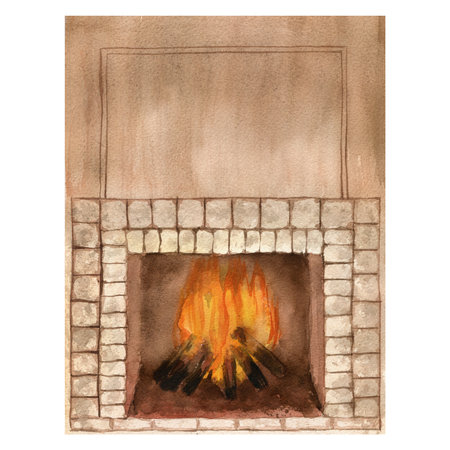 Cozy watercolor fireplace with open fire. Watercolor painting of Christmas theme isolated on white background, flames, front view, soft evening light. For design, cards, posters, postcardsの写真素材