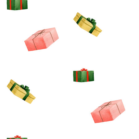 Seamless watercolor pattern with red, yellow, green gift boxes with ribbons and bows. Handmade watercolor illustration on white background. For wrapping paper, textile, fabric, wallpaper, packagingの写真素材