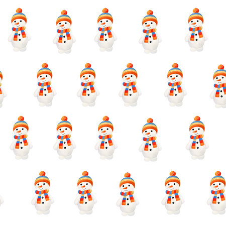 Seamless pattern with snowman in striped knitted scarf and hat. Handmade watercolor illustration on white background. For wrapping paper, textile, wallpaper, packaging, printing, fabric, postcardsの写真素材