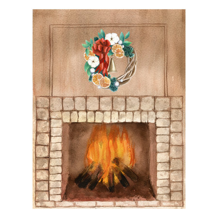 Cozy watercolor fireplace with open fire and wreath. Watercolor painting of Christmas theme isolated on white background, flames, front view, soft evening light. For design, cards, posters, postcardsの写真素材