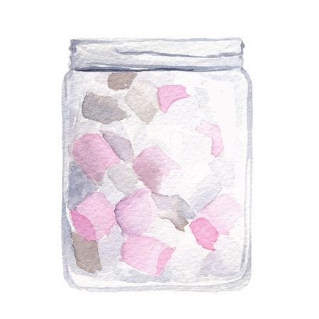 Glass jar with sweet pink and white marshmallow inside. Hand-drawn watercolor illustration isolated on white background. For design, cards, posters, postcards, art projectsの写真素材