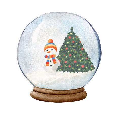 Christmas snow globe with Christmas tree and snowman in striped hat. Watercolor painting on white background, isolated. Watercolor illustration for design, cards, posters, postcards, art projectsの写真素材