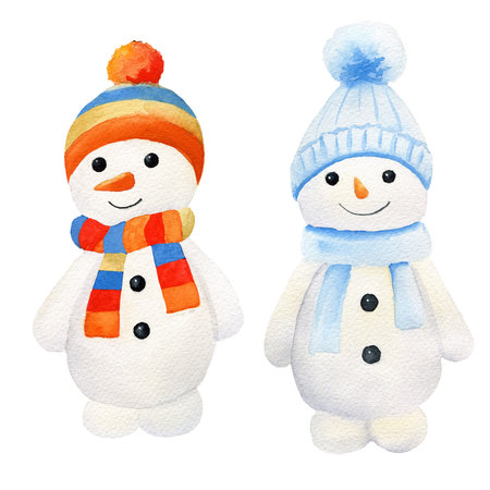 Watercolor snowman in knitted scarf and hat - blue and striped. Christmas illustration. Hand drawn illustration sketch for design, decor, cards, posters and art projectsの写真素材
