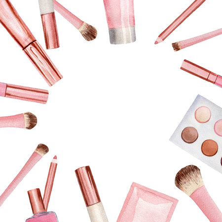Round composition with cosmetic products - brush, cream, lip gloss, nail polish. Watercolor illustration, composition isolated on white background for cards, invitations, postcards, flyersの写真素材