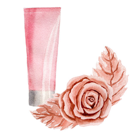 Pink tube with cream with composition of plastic or metal rose head and two leaves. Watercolor illustrations isolated on white background. For design, card, postcards, flyers, posters, business, decorの写真素材