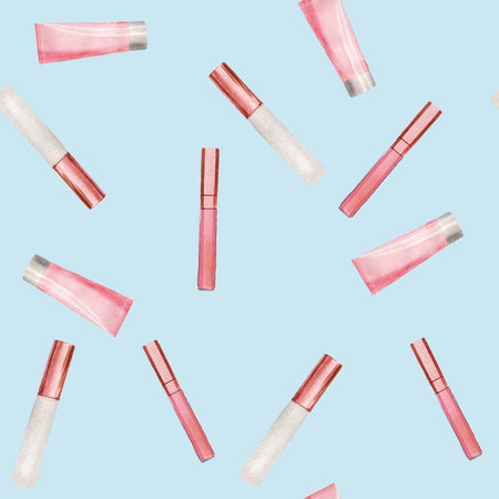 Seamless pattern with cosmetic products - cream tube, lip gloss. Handmade watercolor illustration on blue background. For wrapping paper, textile, wallpaper, background, fabricの写真素材