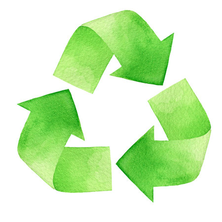 Recycling symbol, green watercolor illustration on white background. Hand drawn painting for design, articles, posters, cards, flyers, magazinesの写真素材