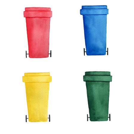 Waste separation bins standing on a white background. Watercolor illustration of red, blue, yellow, blue trash cans for design, articles, posters, cards, flyersの写真素材