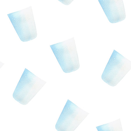 Seamless pattern with glass tumbler, blue ecology watercolor illustration on white background. For wrapping paper, textile, wallpaper, packaging, printing, fabric, postcardsの写真素材