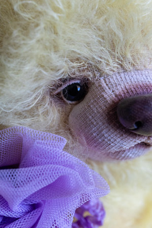 A close-up shot revealing the intricate details of a handcrafted collectible teddy bear's face, featuring its dark eye, textured snout, and soft, fluffy fur, accented with a delicate purple fabric.の写真素材
