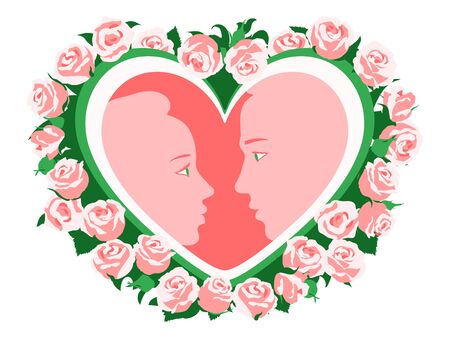 Couple in love. Silhouettes of lovers inside the heart. Romantic vector illustrationのイラスト素材