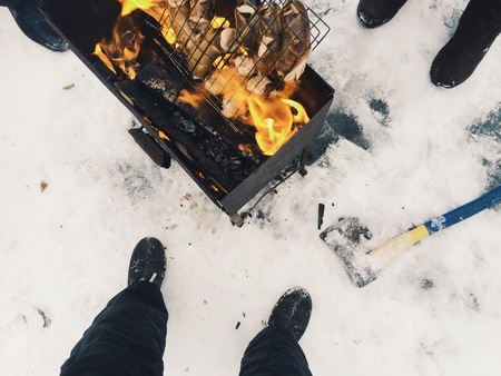 bonfire in the grill in winterの写真素材
