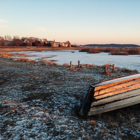 winter landscape and boatの写真素材
