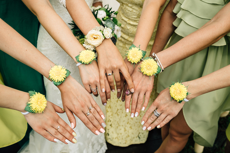 hands of the bride and bridesmaids, chamomileの写真素材