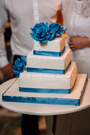 white and blue wedding cake bridecakeの写真素材