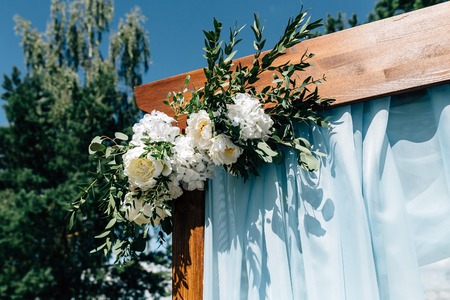outdoor wedding decorations, wood, blueの写真素材