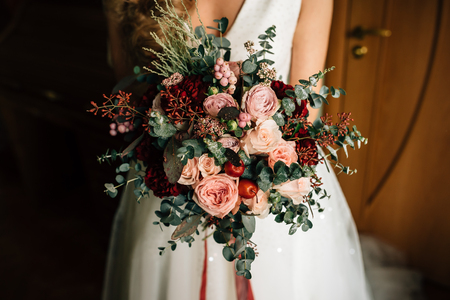 bouquet of the bride in hands, eucalyptusの写真素材