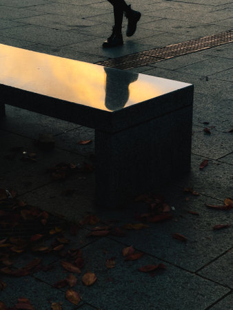 Polished bench surface reflecting warm golden light of sunset, while legs of walking woman blend with scattered dry autumn leaves on paved ground, creating serene urban scene. golden sunset lightの写真素材