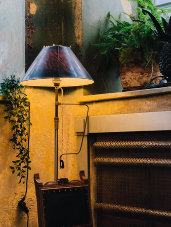 Vintage floor lamp casting warm light near potted greenery and rustic wooden chair, forming intimate home interior ambiance. Vintage floor lamp with dark lampshade create cozy and atmospheric settingの写真素材