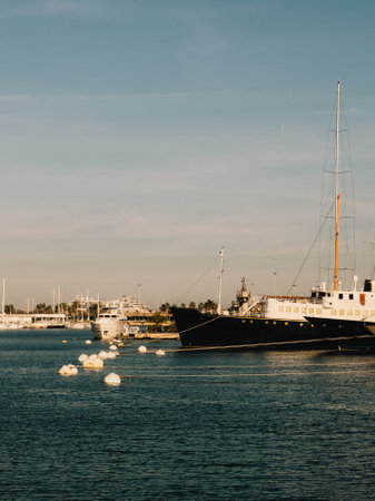 Large luxury yachts and elegant sailboats moored peacefully in calm waters of harbor, basking in warm sunshine under clear blue sky on summer day. Luxury yachts and sailboats in tranquil harbor watersの写真素材