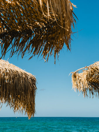 Beach umbrellas made of dry straw overlooking beautiful turquoise sea with calm waves and clear blue sky, creating relaxing summer atmosphere. Straw beach umbrellas embodying serene coastal relaxationの写真素材