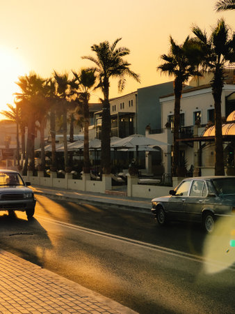 Retro atmosphere of scenic street blends old-town architecture with evening glow and classic car. Twilight road in coastal town embodies timeless charm, ideal for peaceful holiday getaway. cinematicの写真素材