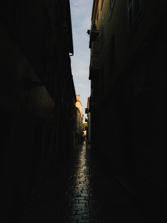 Wet cobblestone alley with tall buildings on each side reflecting sunlight in european town with small silhouettes of people walking in distance. Sunlight glinting on wet cobblestone streetの写真素材
