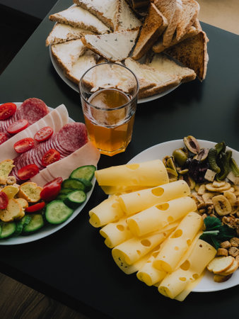 Appetizer plate with cheese, appetizer features deli meats and olives, appetizer served with crisp...