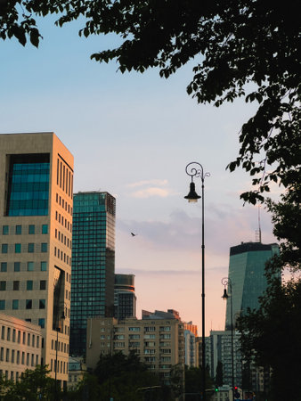 Warsaw skyline glowing during sunset, modern skyscrapers rising alongside residential buildings, street lamps and tree branches framing luminous urban landscape. Skyscrapers and residential buildingsの写真素材