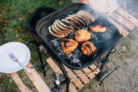 Sausages and chicken legs sizzling on hot barbecue, basking in sun, creating perfect setting for...