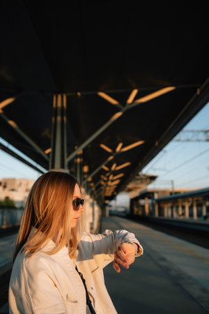 Vertical screen: blonde woman executive wearing sunglasses and white blazer checking wristwatch...