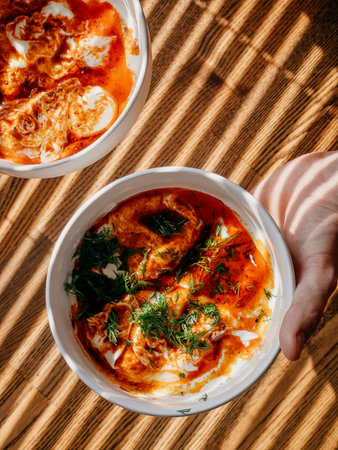 Hand gripping wooden bowl filled with traditional turkish shakshuka, garnished with yogurt, tomato...