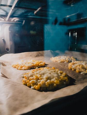 Delicious corn fritters baking in hot oven on parchment paper, filling kitchen with mouthwatering aroma while achieving perfectly golden brown texture and irresistible appeal. Golden corn frittersの写真素材