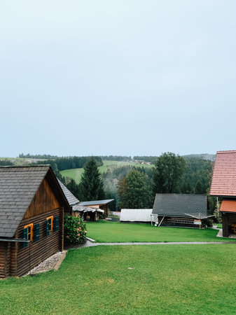 Charming wooden houses with slate roofs create picturesque scene in Austrian countryside, surrounded by rolling hills, green valleys, and serene atmosphere. Wooden alpine cottages nestled among hillsの写真素材