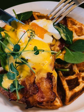 Knife and fork cutting into poached egg with runny yolk, bacon, hollandaise sauce, pea shoots and spinach on waffles, served on white plate for delicious breakfast. Gourmet healthy weekend breakfastの写真素材