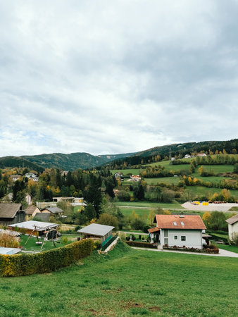 Alpine landscape featuring verdant meadows, rustic houses nestled among pine covered mountains beneath overcast skies, embodying tranquil rural Austrian scenery. Austrian countryside. Green meadowsの写真素材