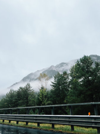 Fog enveloping mountain forest alongside highway with guard rail creates serene atmosphere on rainy autumn day, highlighting beauty of naturemoody landscape. Misty mountain forest bordering highwayの写真素材