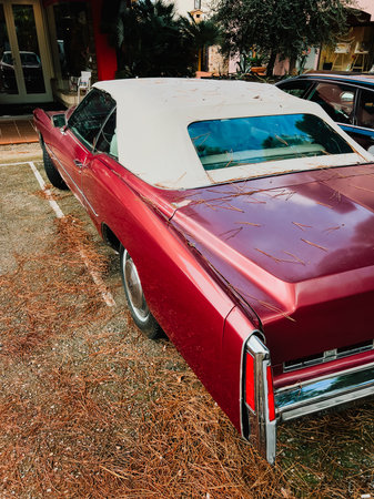 Red vintage convertible car parked on street blanketed with dry pine needles, capturing essence of...
