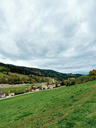 Green meadow slopes gently towards houses nestled at foot of forested mountain, under cloudy sky, creating serene and picturesque Austrian landscape. Alpine meadow, framed by dense forest and mountainの写真素材