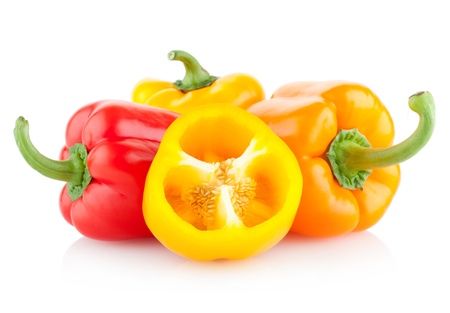 colorful paprika peppers isolated on white backgroundの写真素材