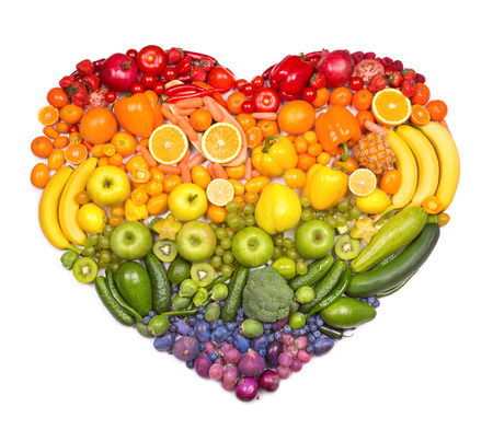 Rainbow heart of fruits and vegetablesの写真素材