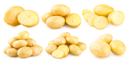 6 images of fresh potatoes isolated on white backgroundの写真素材