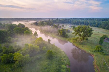 Aerial shot of river West Biarezina in Naliboki forest, Belarus