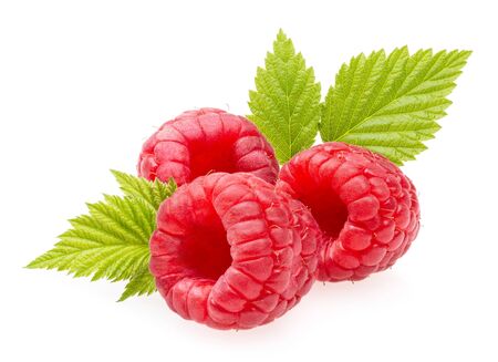 Ripe raspberries with leaves isolated on white background